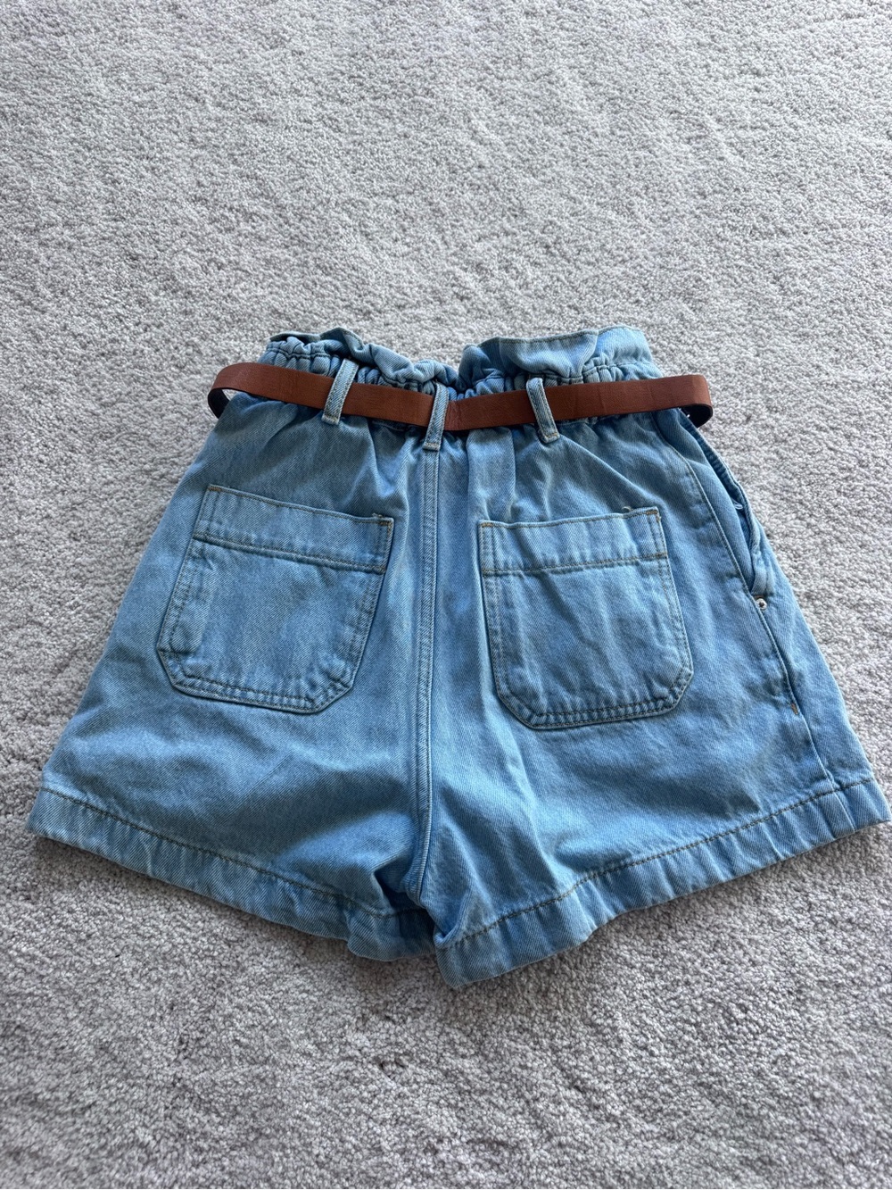 Zara Light Blue Denim Paperbag Waist Shorts with Brown Belt - Picture 3 of 3